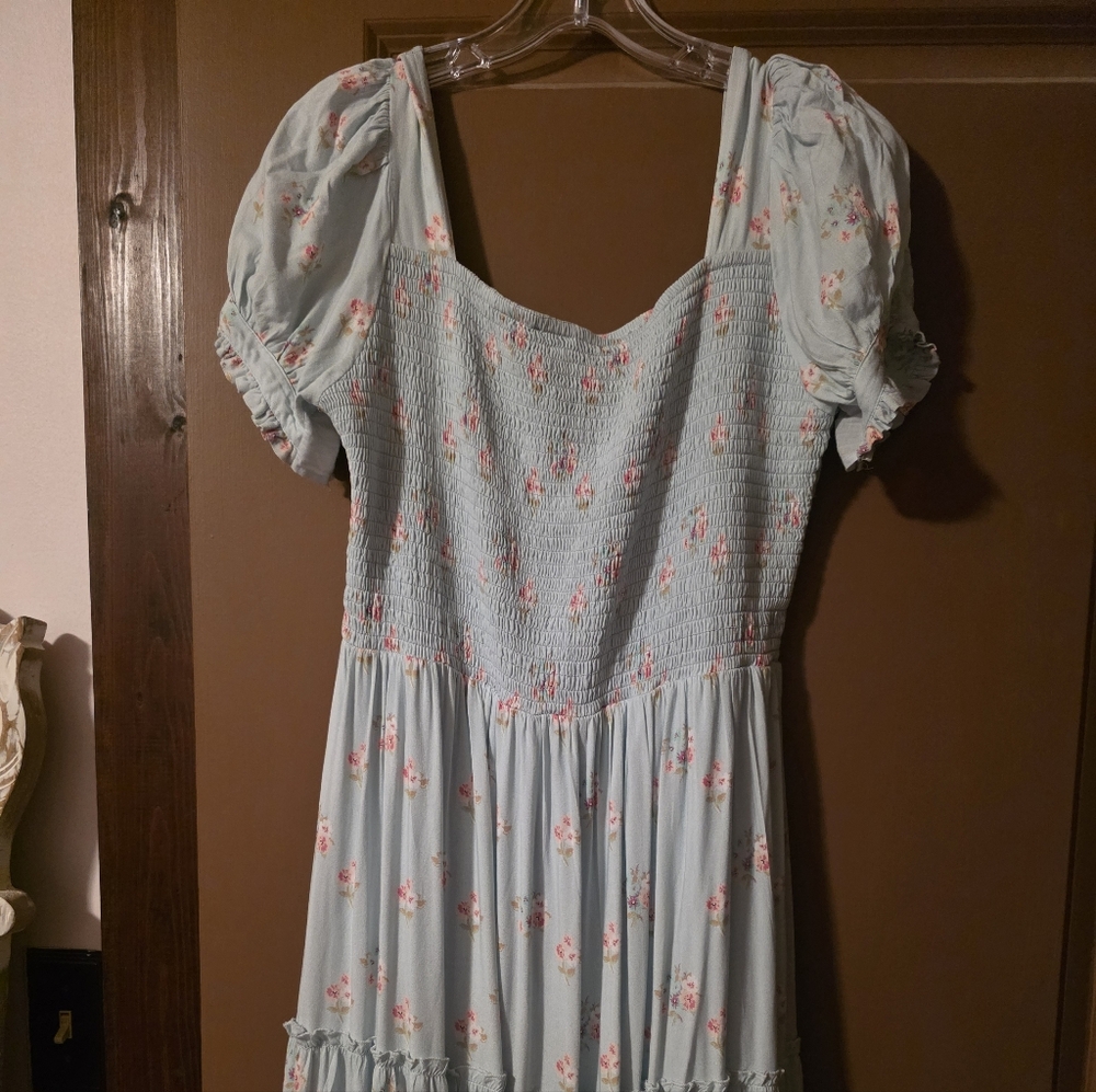 Smocked Puff-Sleeve Maxi Dress in Light Blue Floral - Picture 2 of 8